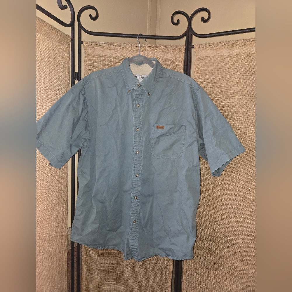 Men's Carhartt Blue Short Sleeve Button Up Collared Shirt Size Large 100% Cotton